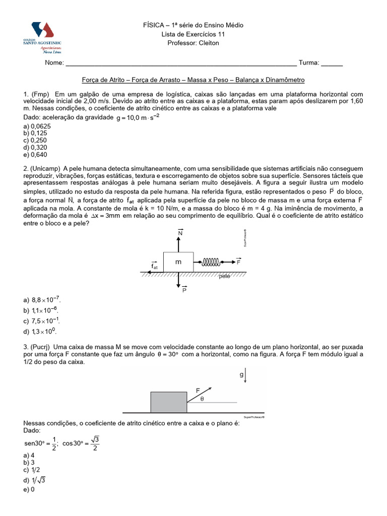 Exercícios sobre Forças e Atrito na Física | PDF | Água | Massa