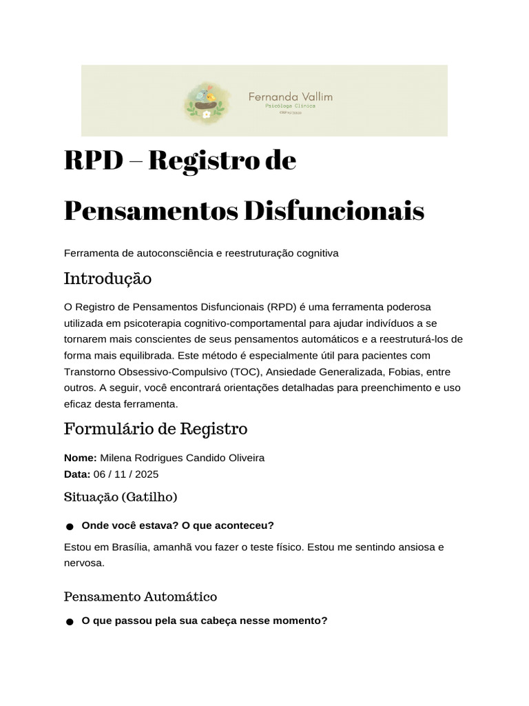 Registro de Pensamentos Disfuncionais | PDF | Pensamento | Ansiedade