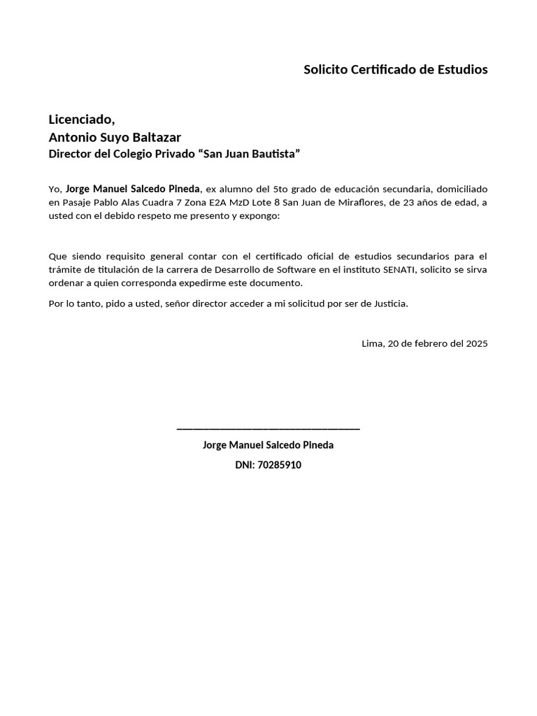 Solicitud de Certificado de Estudios | PDF