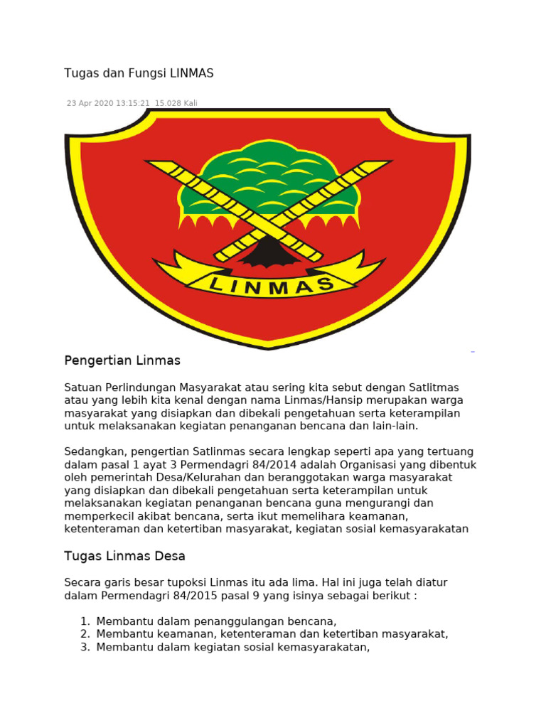 Tugas dan Fungsi Satuan Linmas Desa | PDF