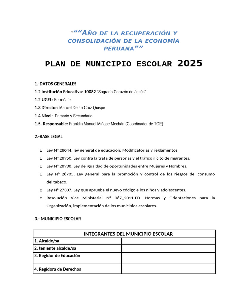 Plan de Municipio Escolar 2025 en Perú | PDF | Alcalde
