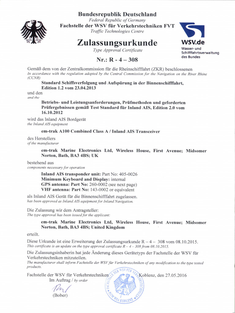 Inland AIS Certificate Em-Trak A100 | PDF