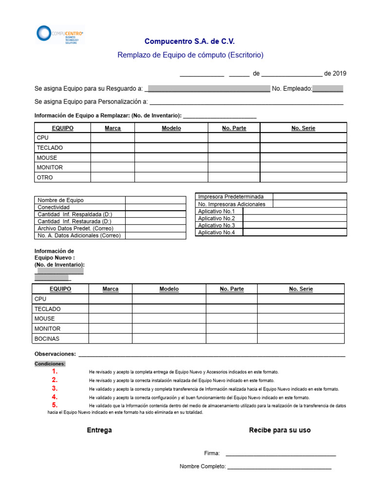 Formato de Entrega de Equipo de Cómputo | PDF | Tecnologías de la ...
