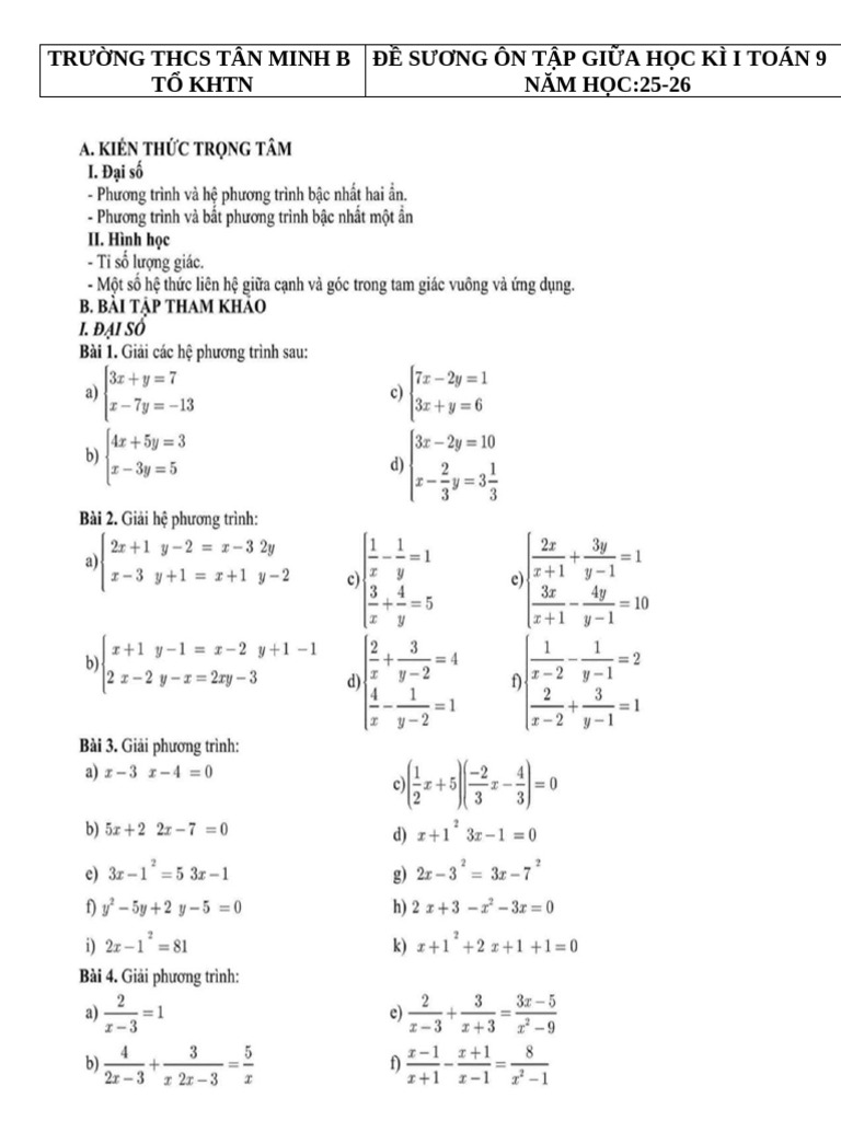 De Cuong On Tap Gk1 Toan 9 Nam 2024 2025 | PDF