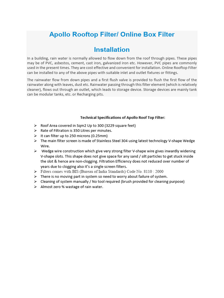 Apollo Roof Top Filters Details | PDF