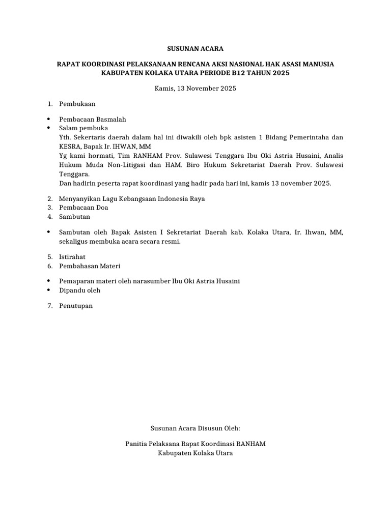 Susunan Acara Rapat Koordinasi RANHAM | PDF