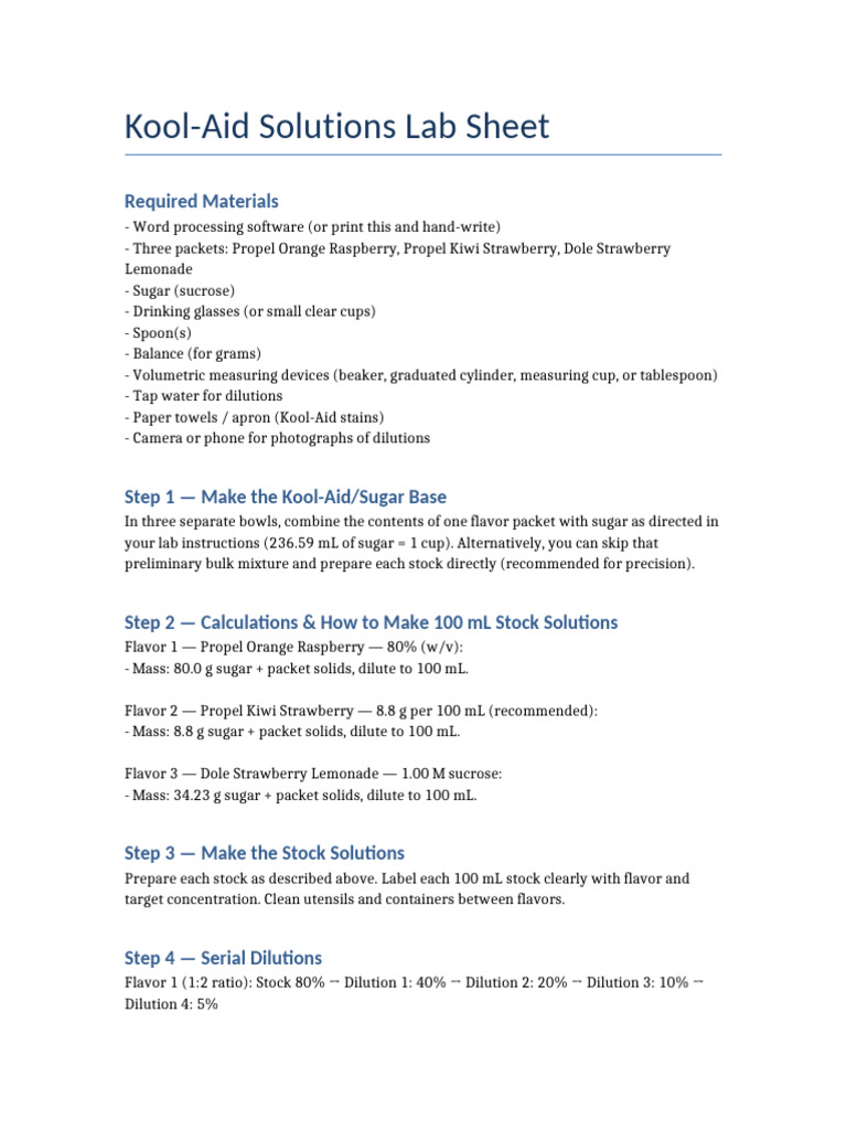 Kool-Aid Stock Solution Lab Guide | PDF | Mass Concentration (Chemistry)