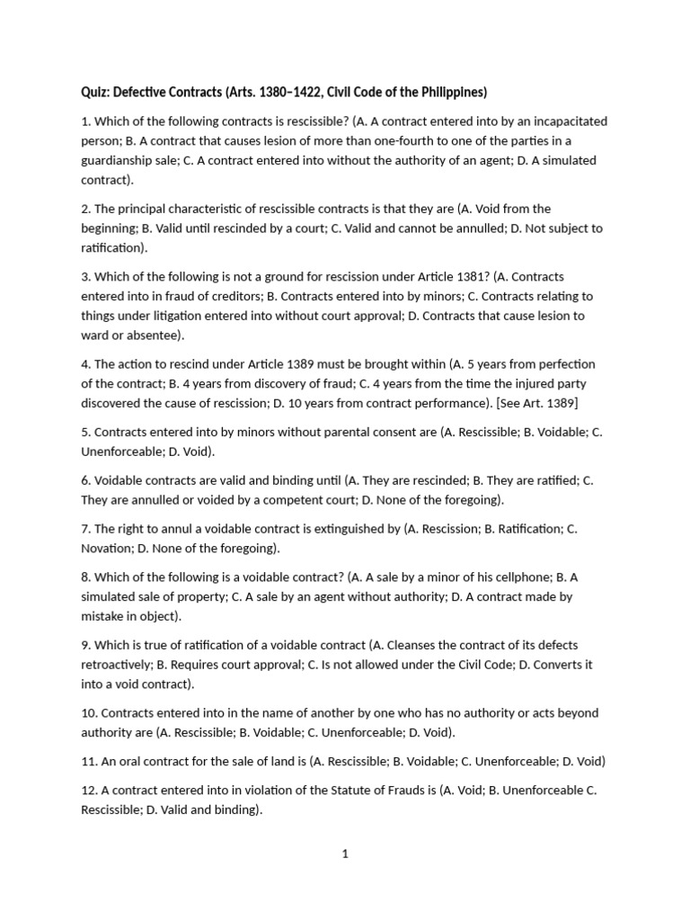 Quiz on Defective Contracts in the Philippines | PDF | Annulment | Void ...