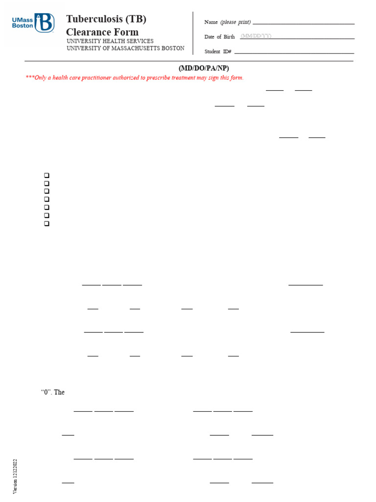 UMass Boston TB Screening Form | PDF | Tuberculosis | Medicine