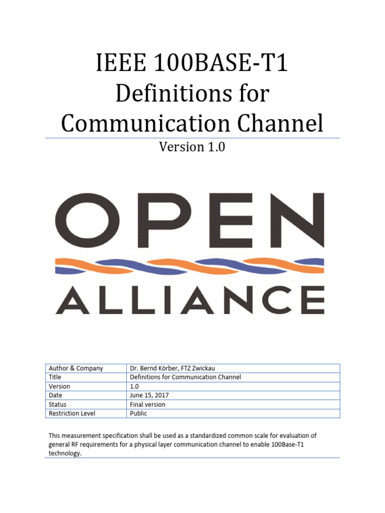 100BASE-T1 Communication Channel Specs | PDF | Electrical Connector ...