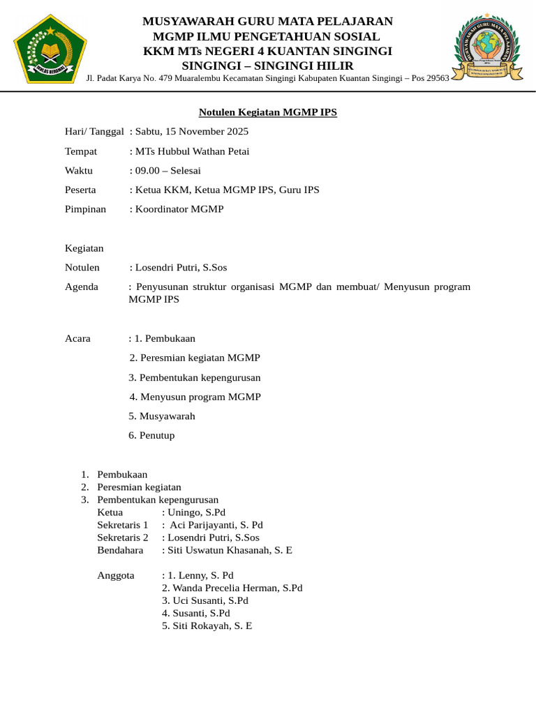 Notulen MGMP IPS KKM MTs 2025 | PDF