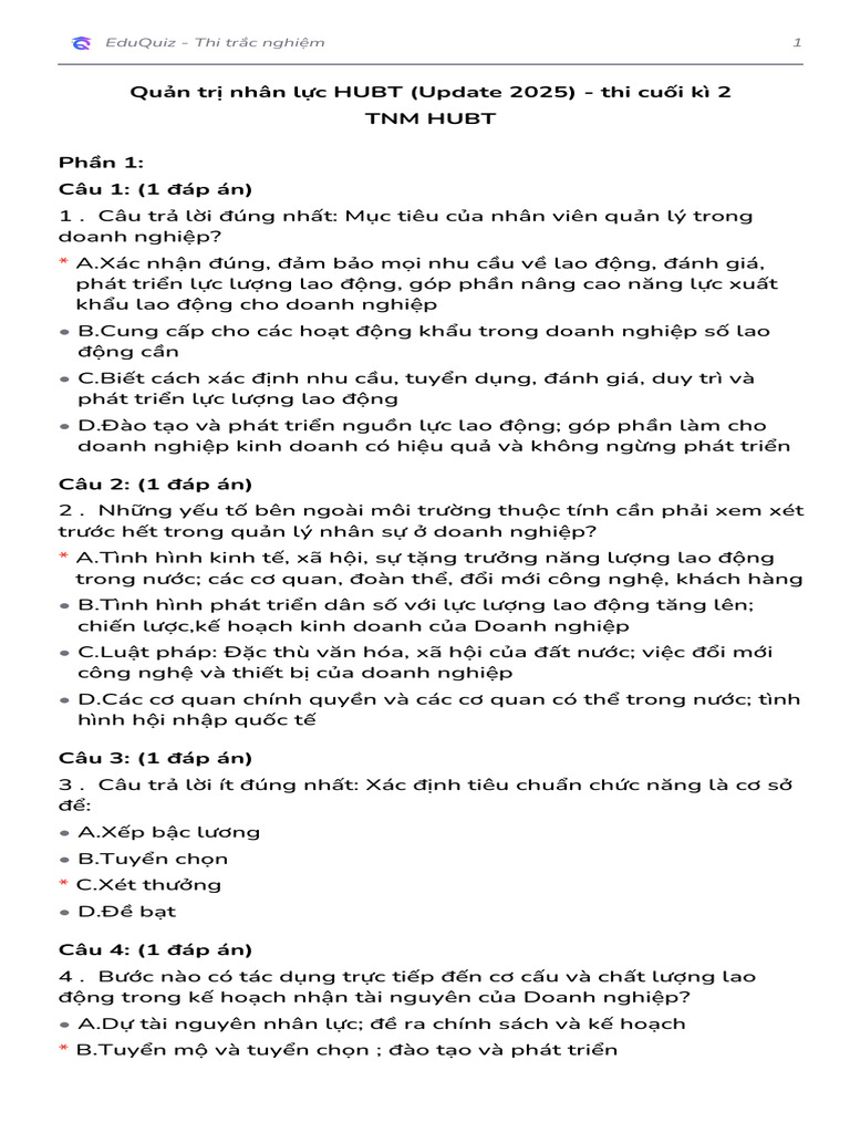 Quản Trị Nhân Lực HUBT (Update 2025) - Thi Cuối Kì 2 | PDF