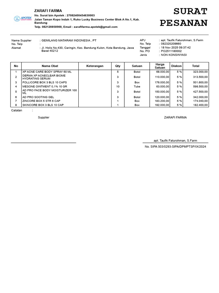 ZARAFI FARMA Order Confirmation Details | PDF