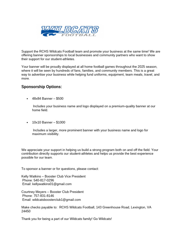RCHS Wildcats Football Banner Sponsorship | PDF