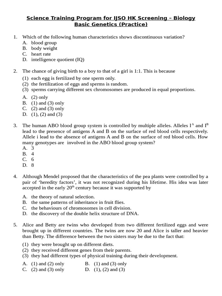 IJSO HK Biology Genetics Practice Test | PDF | Dominance (Genetics ...