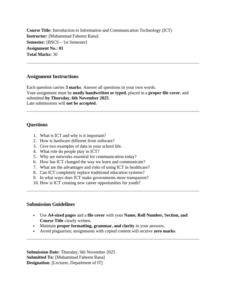 ICT Assignment Guidelines for BSCS Students | PDF