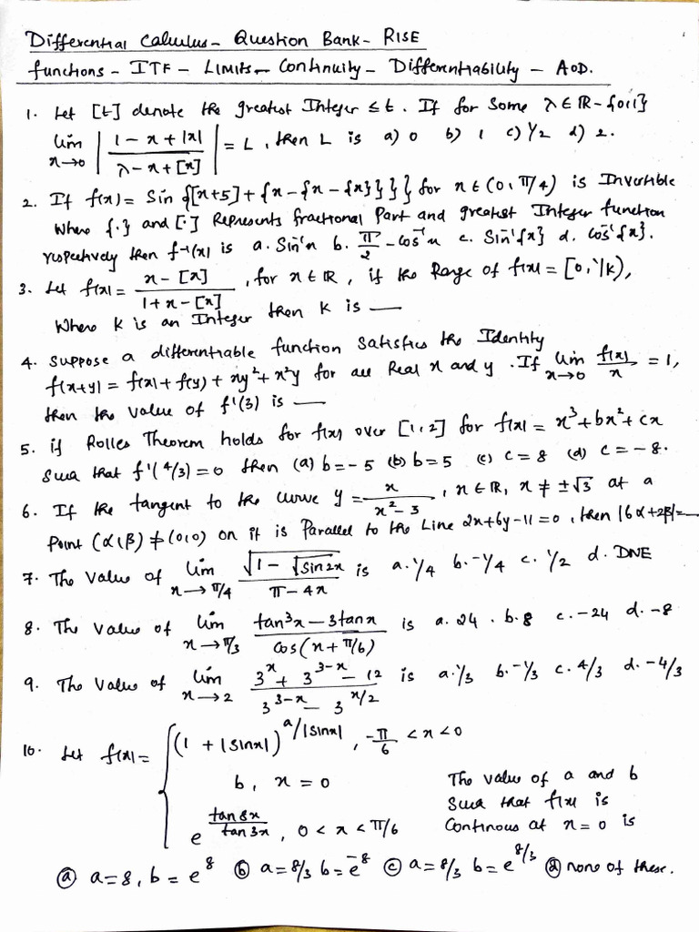 Differential Calculus Question Bank | PDF