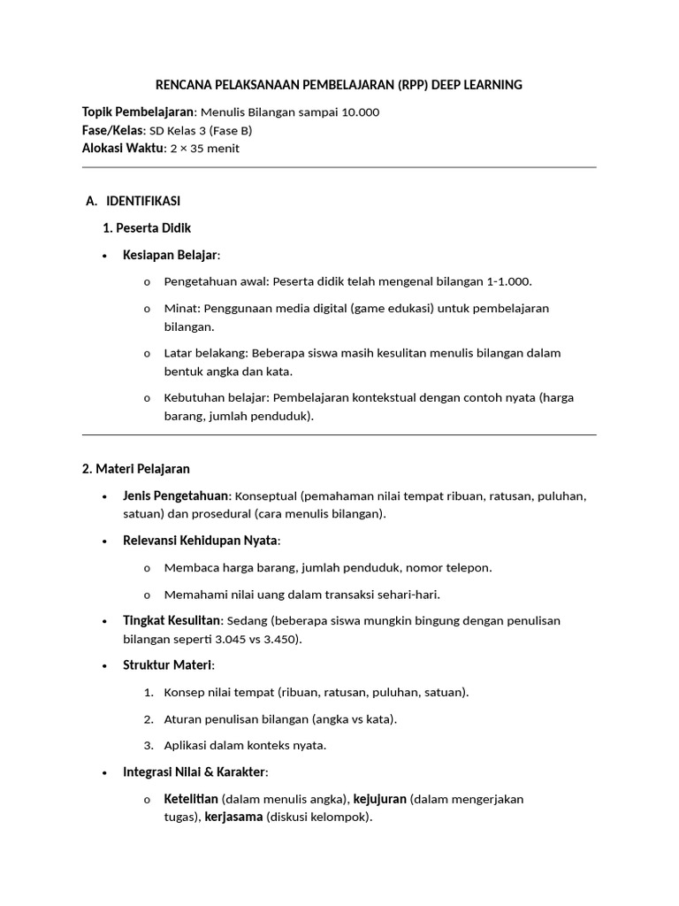 RPP Deep Learning Bilangan SD Kelas 3 | PDF