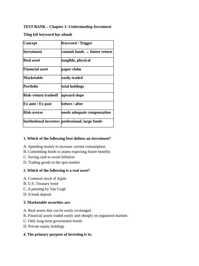 Investment Concepts and Test Questions | PDF | Bonds (Finance ...