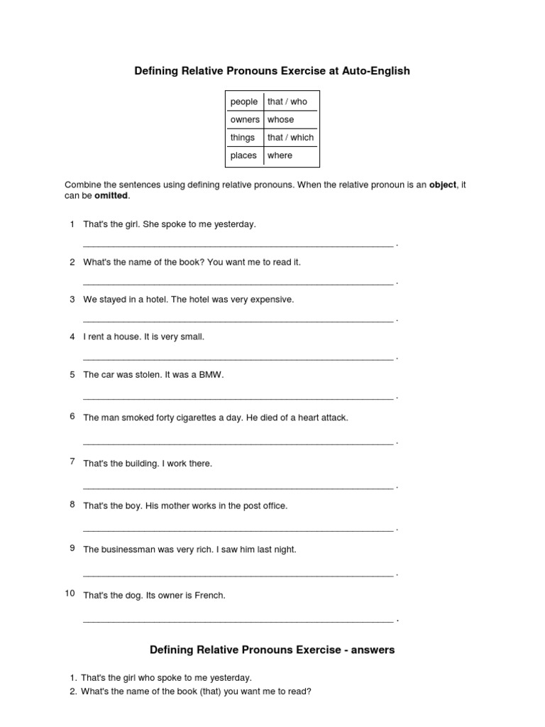 Defining Relative Pronouns Exercise at Auto | PDF | Pronoun | Rules