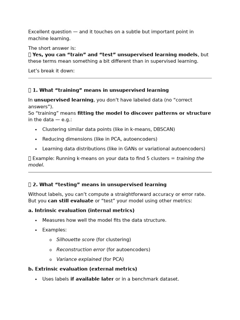 Unsupervised Learning: Training & Testing Explained | PDF | Cluster ...