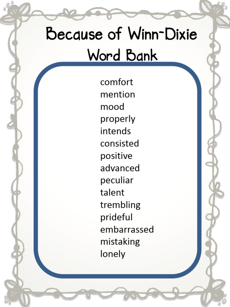 Word Bank For Crossword Because of Winn-Dixie | PDF