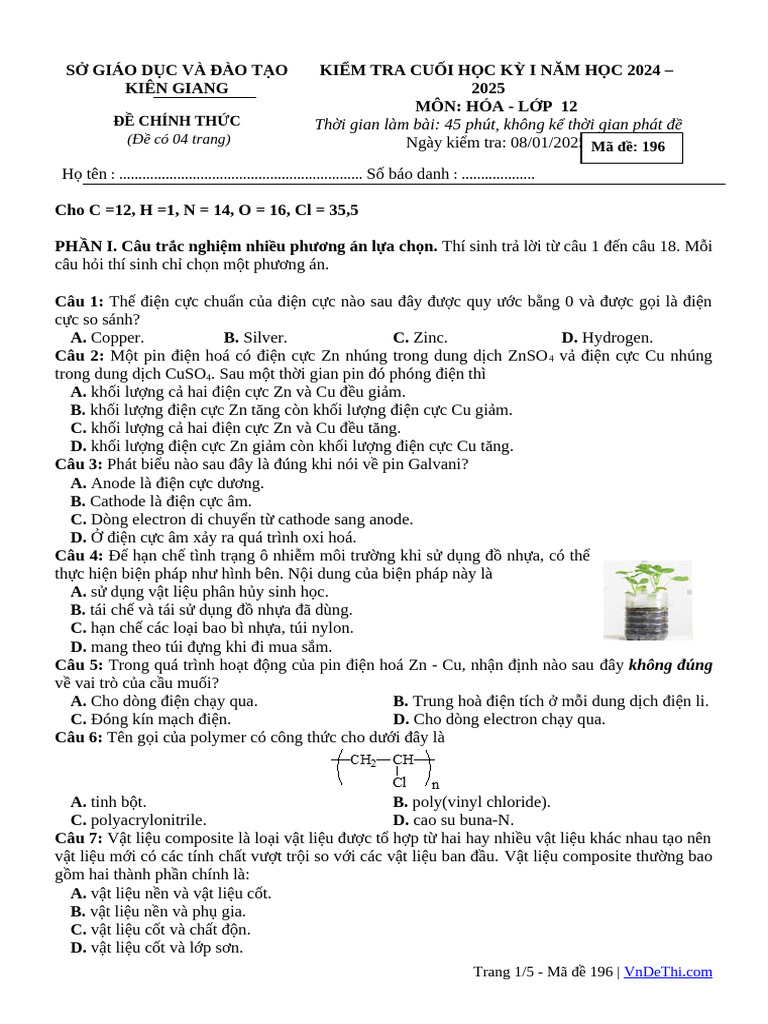 De Cuoi Ky 1 Hoa Hoc 12 Nam 2024 2025 So GDDT Kien Giang | PDF