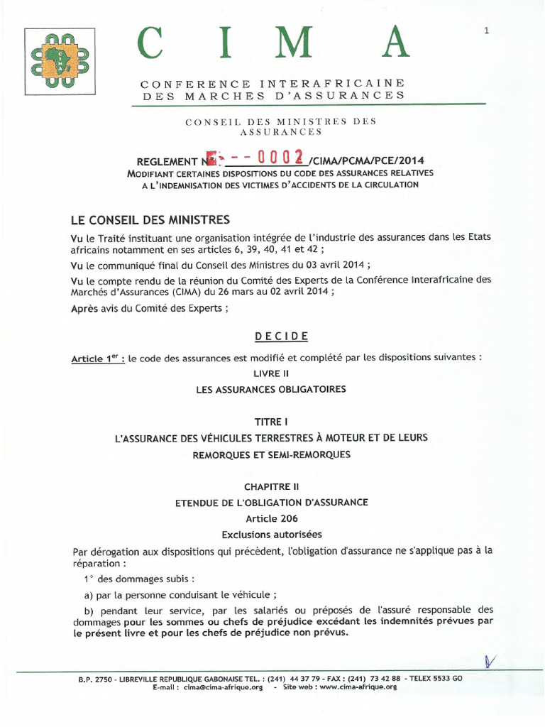 CIMA Reglement 2014 02 Modifcation Code | PDF