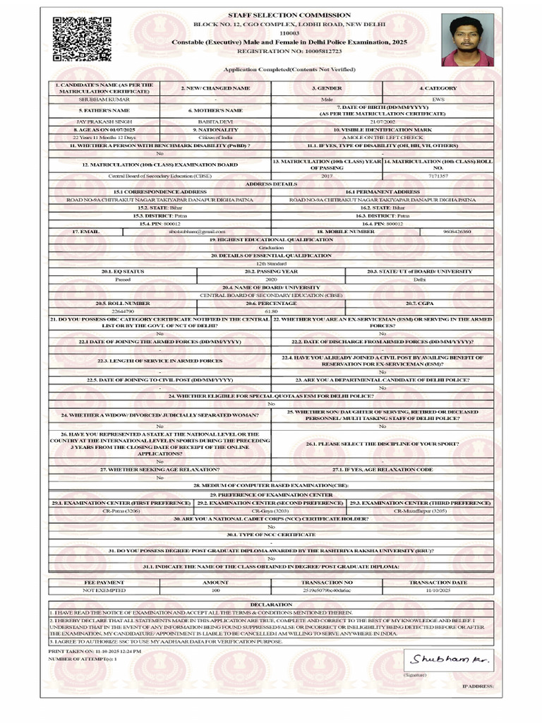 Constable (Executive) Male and Female in Delhi Police | PDF