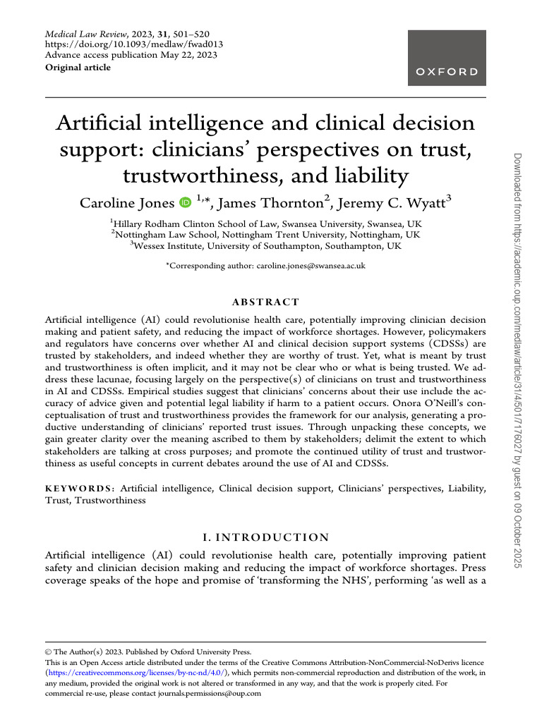 Clinicians' Trust in AI Decision Support | PDF | Artificial ...