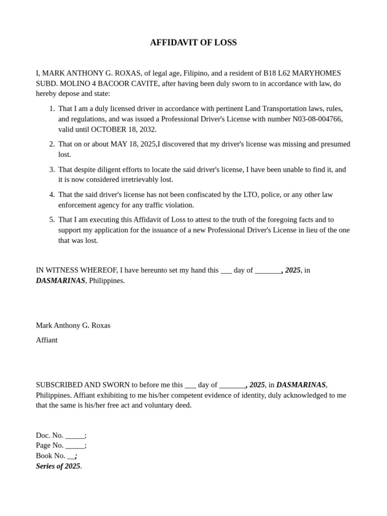 Affidavit of Loss for Driver's License | PDF