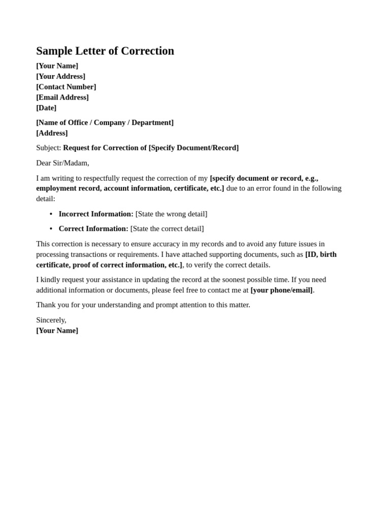 Sample Correction Request Letter | PDF