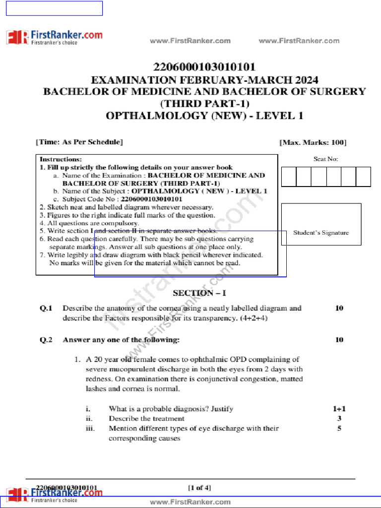 FR Ophthalmology Question Paper | PDF