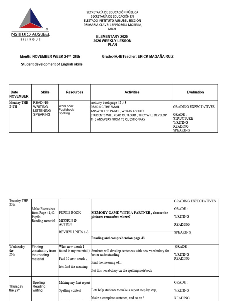 Lesson Plan 4 erickNOV ELEMENTARYNOV 24th-28 | PDF | Reading ...
