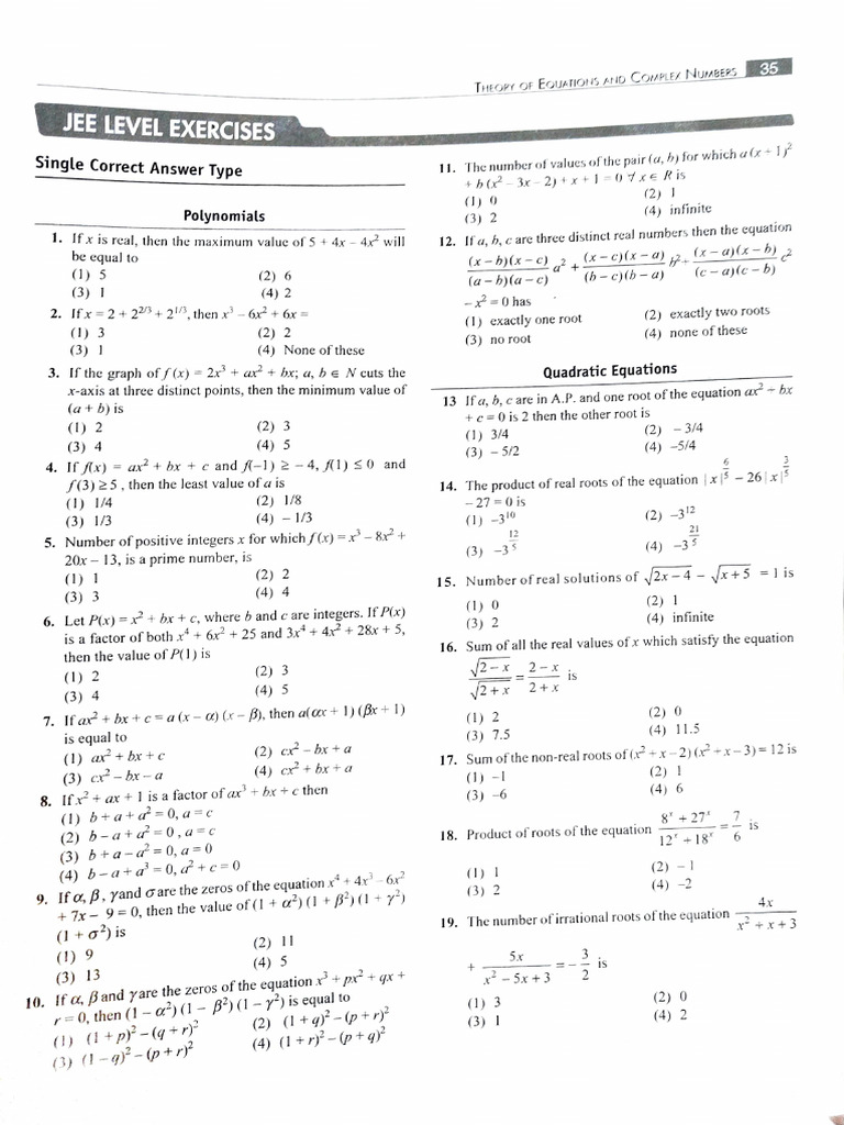 JEE Level Mathematics Exercises: Polynomials and Equations | PDF | Zero ...