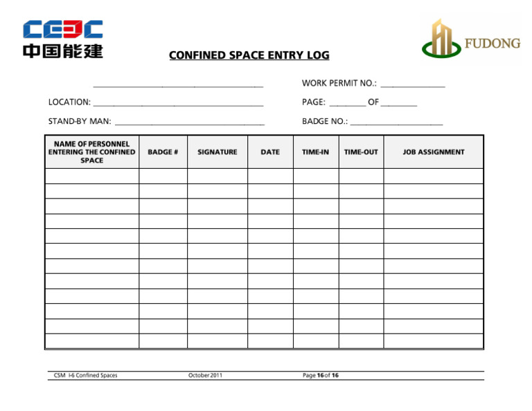 Confined Space Entry Log Sheet | PDF