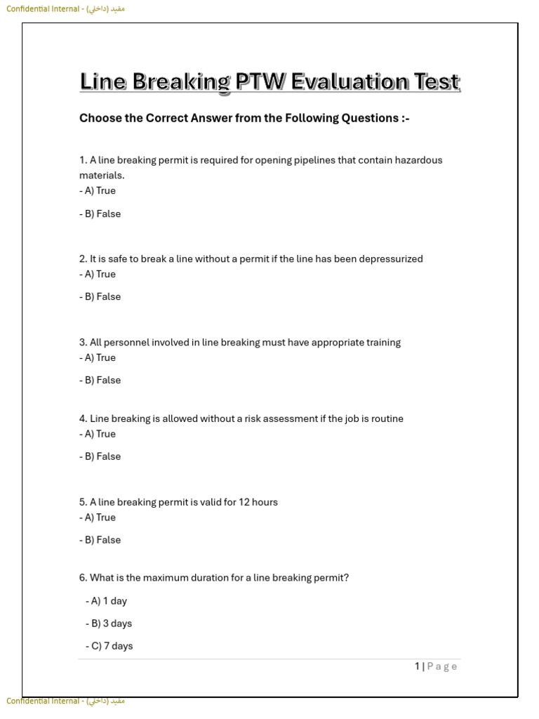 Line Breaking Permit Safety Quiz | PDF | Workplace | Working Conditions