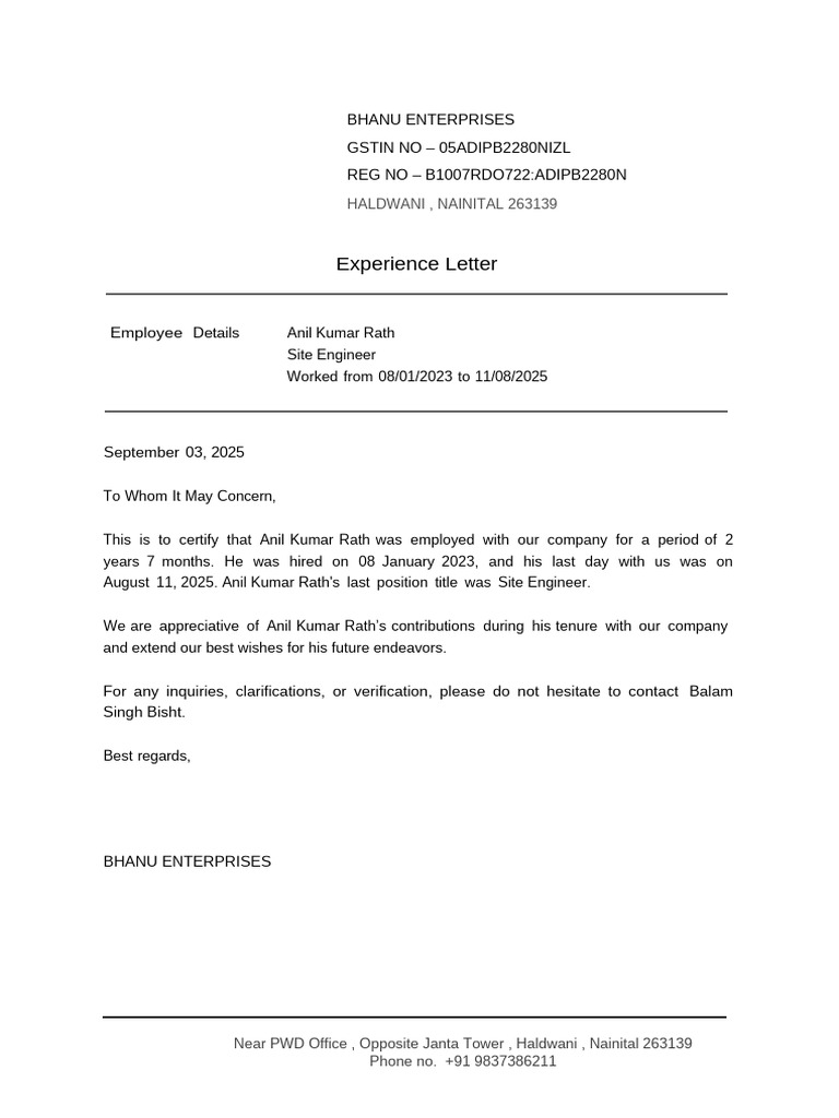 Experience Letter Sample 2 | PDF