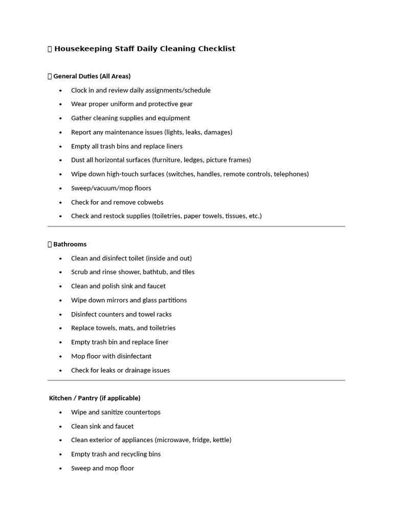 Daily Housekeeping Cleaning Checklist | PDF