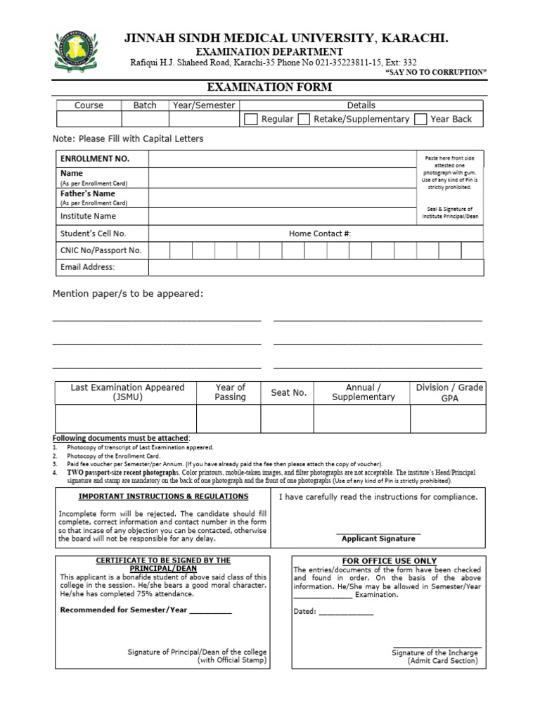JSMU Examination Form Instructions | PDF
