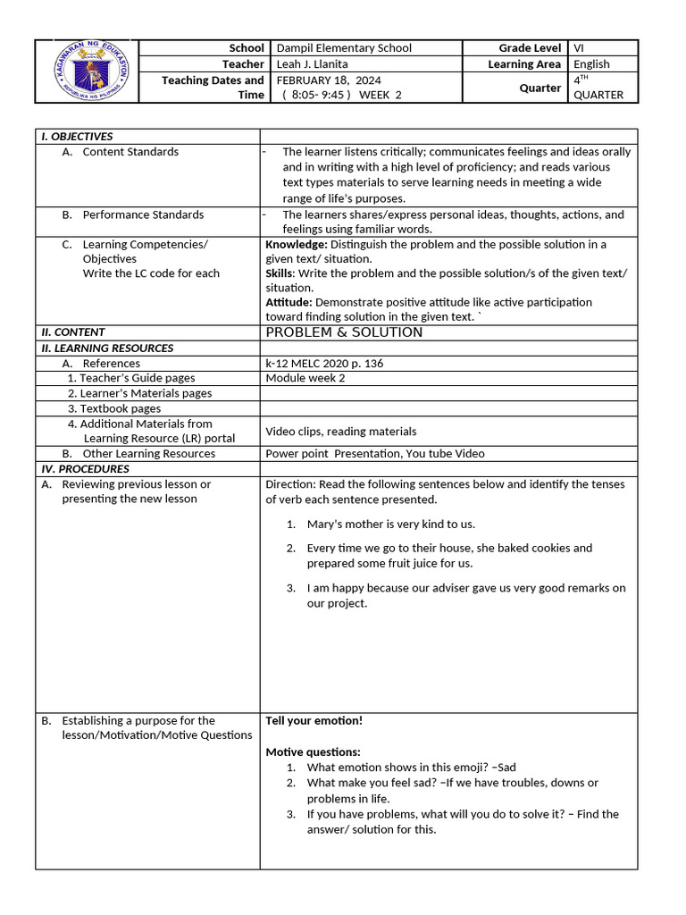 Problem-Solution Lesson Plan for Grade 6 | PDF | Learning | Human ...