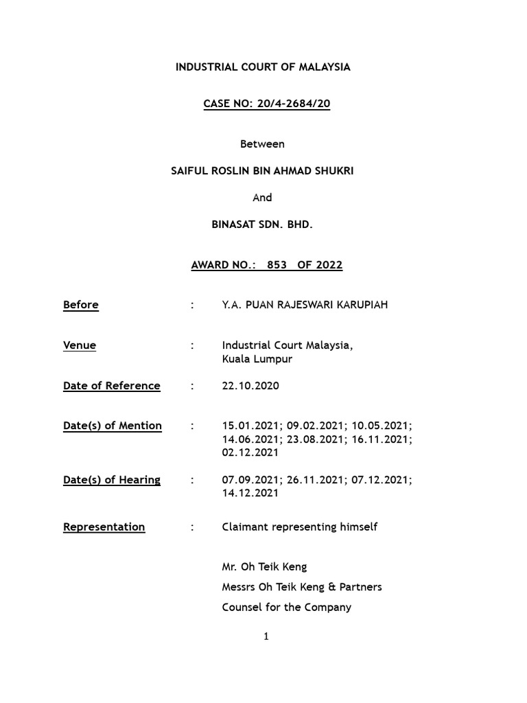 Unjust Dismissal Case: Saiful vs Binasat | PDF | Employment | Salary