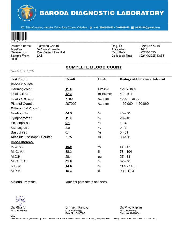 Complete Blood Count: Test Name Result Units Biological Reference ...