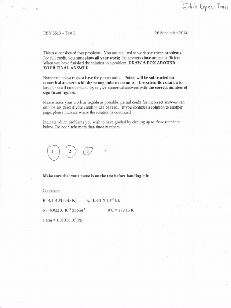 PHY 3513 Thermo Test I (2014) | PDF