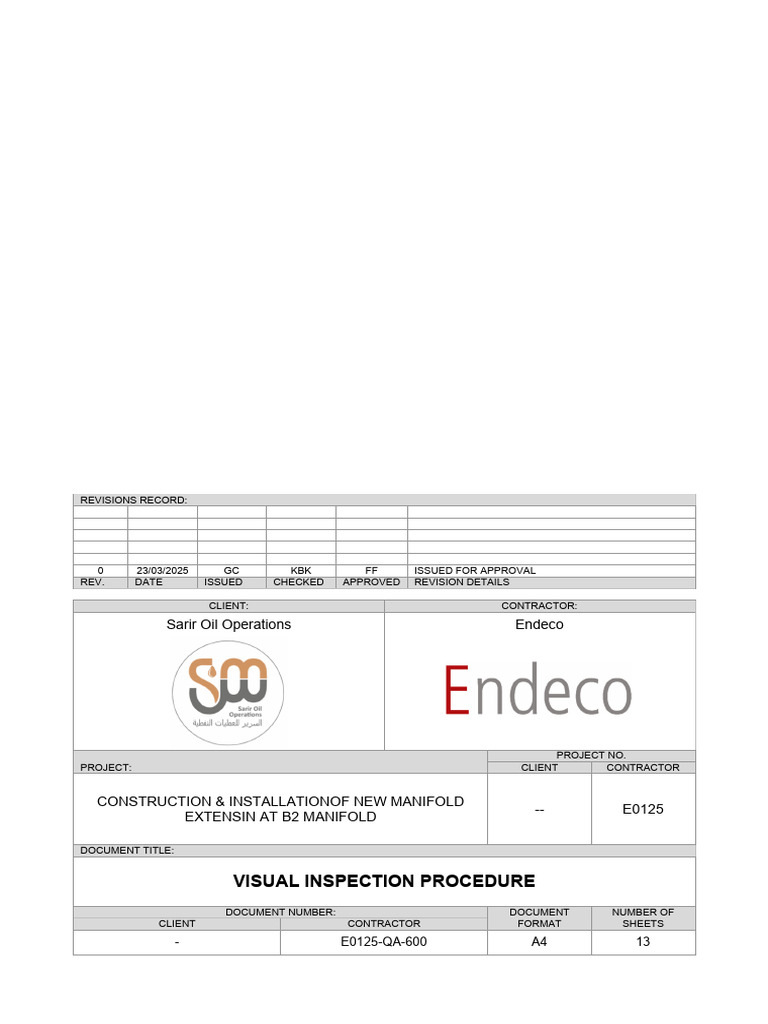 E0125-Qa-600 - 0 Visual Inspection Procedure | PDF | Welding | Construction