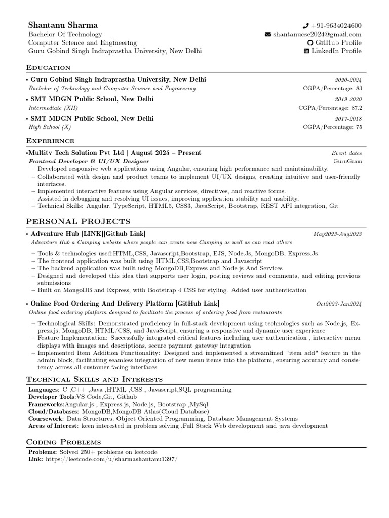 Shantanu Sharma: B.Tech in CSE & Developer | PDF | Java Script | Web ...