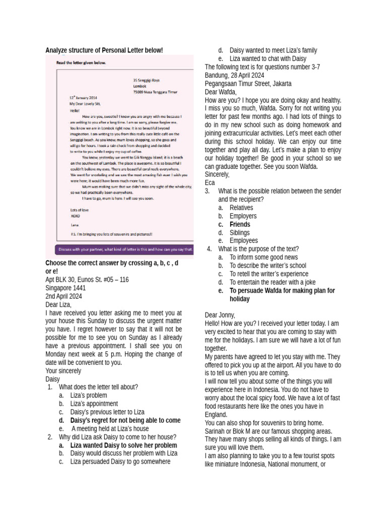 Personal Letter Analysis and Questions | PDF | Foods