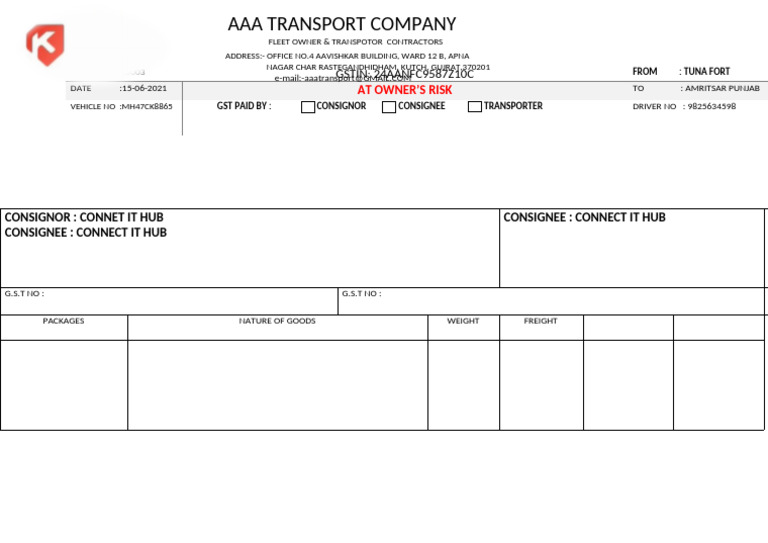 Transport Document for Amritsar Shipment | PDF
