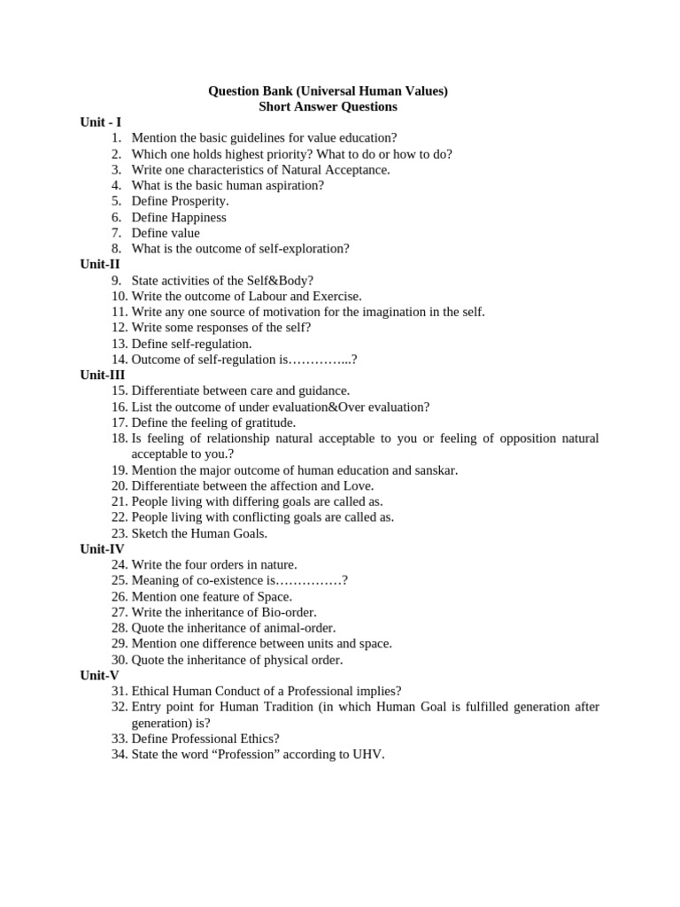 Universal Human Values Question Bank | PDF | Happiness | Feeling
