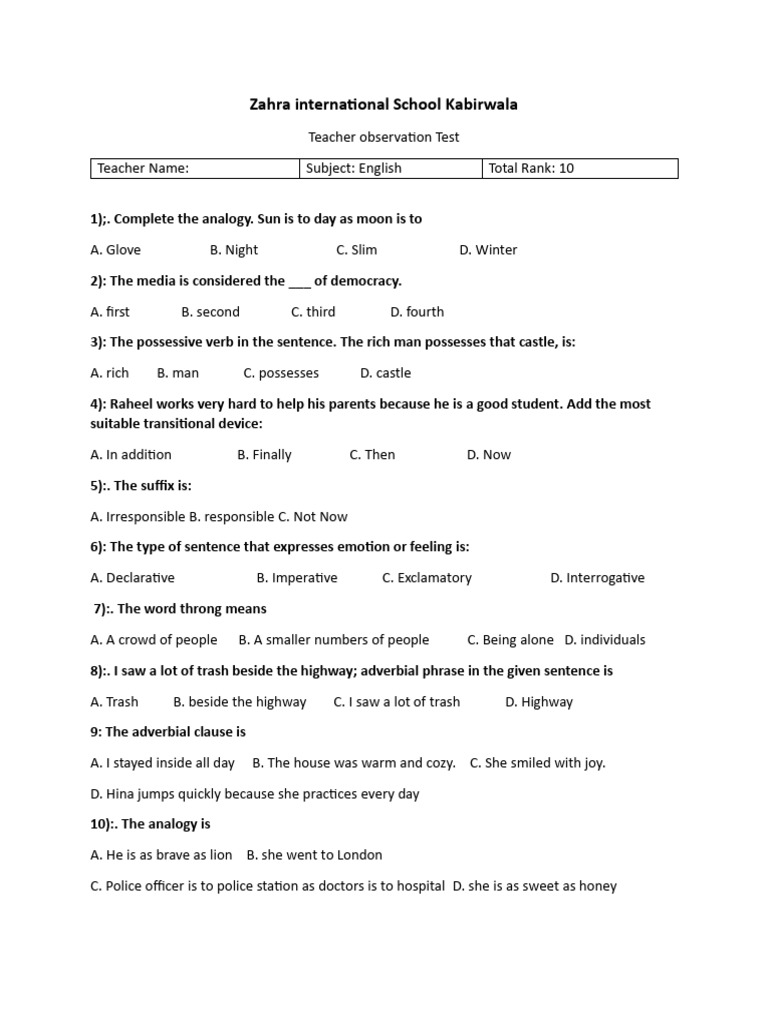 Teacher Observation Test for English | PDF